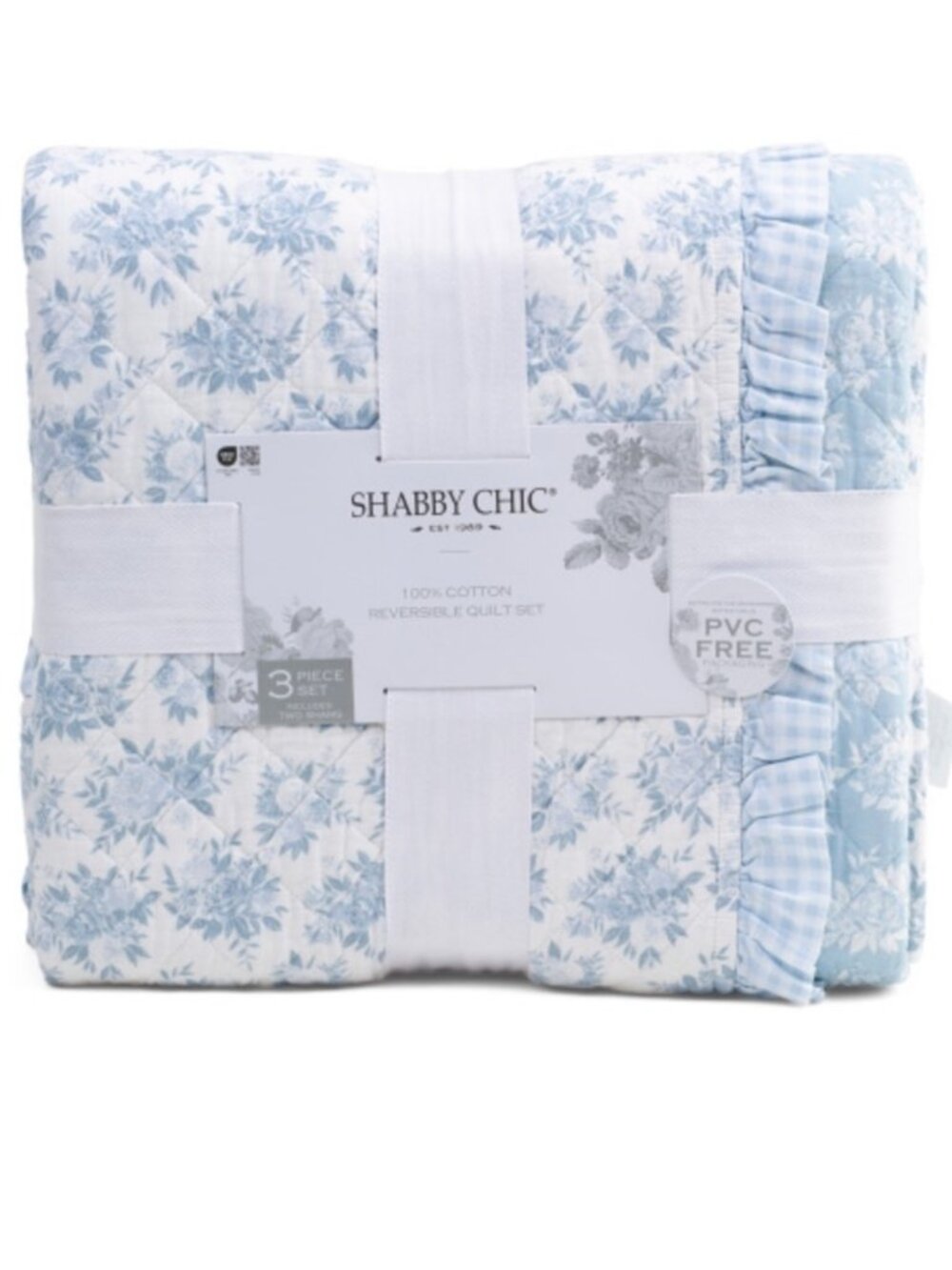 Shabby Chic Light Blue Floral Ruffled Cotton Quilt Set